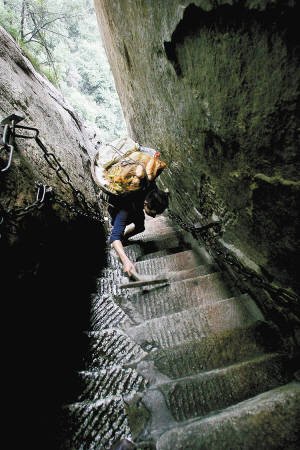 華山第一險道“千尺幢”與地面幾乎呈80度，何天武背著60多斤的菜，一只手還要拿著拐杖，只能艱難爬行。