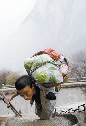何天武背著60多斤的菜，一只手拄拐杖登臨山頂。